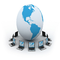 Globe surrounded by laptop computers