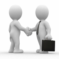 Two cartoon figures shaking hands, one holding a briefcase